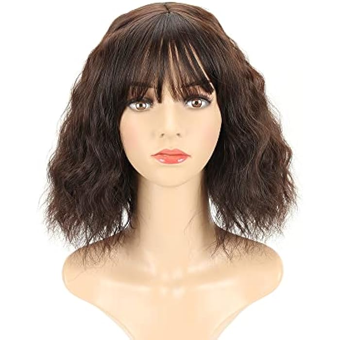 DILLARDS Eliza Curly Short Bob Wigs With Air Bangs 11 Inch Mixed Brown Synthetic Water Wavy Shaggy Bob Wigs For White Women Synthetic Cosplay Wig For Girls Daily Use Colorful Wigs(Mixed Brown) - Image 5